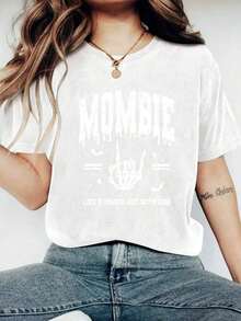 Mombie Women's Oversized T-Shirt With Skull Print - Casual Knit Fabric, Round Neck Design, Comfortable For All Seasons, Holiday Top, One Piece, Weight 200g - 白色 - 查看 5