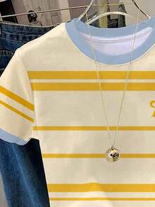 Camiseta de mujer de manga corta con cuello redondo, estampado de rayas y lazo, de estilo casual para verano - Amarillo - Ver 3