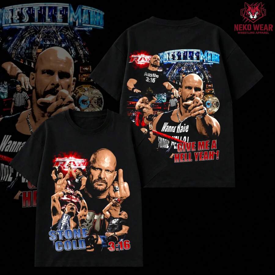 Stone Cold Give Me A Hell Yeah Vintage Wrestling Hoodie T-Shirt, Austin 3-16 Graphic Tee, Texas Rattlesnake Slogan Tee, Oversized Urban Gym Tee, Unisex For Wrestling Fans - 黑色 - 查看 1