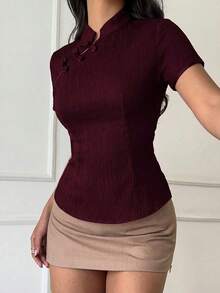 Blusa de cuello Mao de manga corta con cintura ceñida, estilo chino nuevo en color albaricoque, nuevo diseño de primavera/verano para mujer - Burdeos - Ver 5