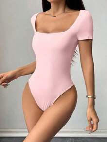 Body de mujer de unicolor, ajuste delgado, cuello cuadrado minimalista, de manga corta, versátil para el uso diario, primavera/verano - Rosa Pálido - Ver 3