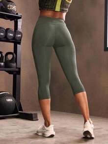 Mallas deportivas de cintura ancha con bolsillo para teléfono, pantalones de yoga para mujer - Verde militar - Ver 2
