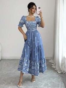 Vestido de línea A con cintura ceñida, cuello cuadrado y estampado, elegante para vacaciones, uso diario, de manga corta - Azul lavado medio - Ver 5