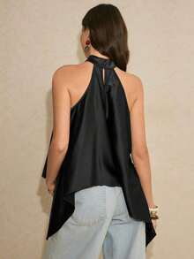 Blusa elegante de cuello halter con lunares para mujeres - Negro - Ver 7