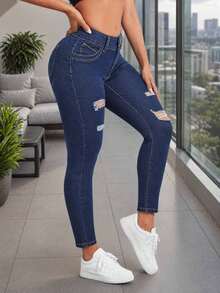 Pantalones vaqueros elásticos ajustados para mujer, rotos con doble botón, jeans de color azul oscuro natural, estilo casual y viaje, Jeans ajustados elásticos con curvy - Azul - Ver 3
