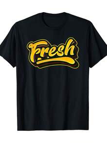 Camiseta Casual para Hombre con Estampado de Grafiti - 100% Algodón, Manga Corta, Cuello Redondo, Negra con Estampado FRESH en Amarillo y Verde, Estilo Urbano Divertido, Perfecta para Atuendos Casuales, Ropa Urbana Moderna, Tejido Transpirable - Negro - Ver 1