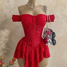 WYWH Women's Romantic Vacation Dress, Red Jacquard Texture Ruched Waist Splice Ruffle Strap Shoulder Strap Multi-Layer Ruffle Hem A-Line Chiffon Mini Dress, Casual, Date, Valentine's Day, Afternoon Tea, Beach, Cruise, City Vacation, Music Festival, Party, Boho, Hippie, Western, Daily Commute, Valentine's Day Red Dress,Summer Dresses For Women,Music Festival Outfits, Everyday Outfits, Wedding Season Outfits, Party Outfits, Carnival Outfits, Island Vacation Outfits. Black Corset Tops For Wom - Rojo - Ver 9