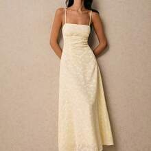 Women's Summer Jacquard Design Waisted Elegant Slip Midi Dress - Azul Marino - Ver 2