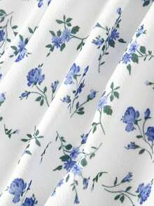 Vestido midi elegante sin mangas con decoración floral 3D de metal y plisados para mujer - Azul y blanco - Ver 6