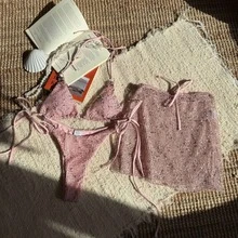 Nuevo traje de baño de tres piezas de malla especial, bikini sexy con tirantes. - Albaricoque - Ver 7