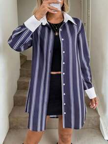 Vestido de trabajo de estilo camisa blanca para mujeres, primavera - Azul y blanco - Ver 3