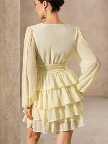 Aveloria Revavyn Vestido mini elegante de mujer con escote en V, mangas abullonadas, cintura con volantes y bajo con volantes de gasa - Morado - Ver 9