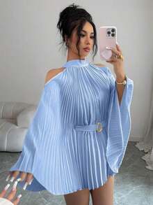 Elenzya Elegante camisa/blusa de mujer con mangas acampanadas y cintura ceñida para vacaciones - Negro - Ver 7