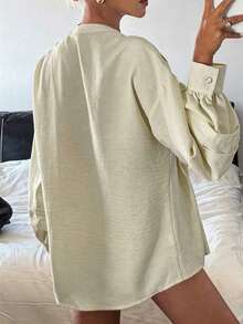 Blusa amarilla holgada con cuello redondo y plisados para mujer - Gris Claro - Ver 4