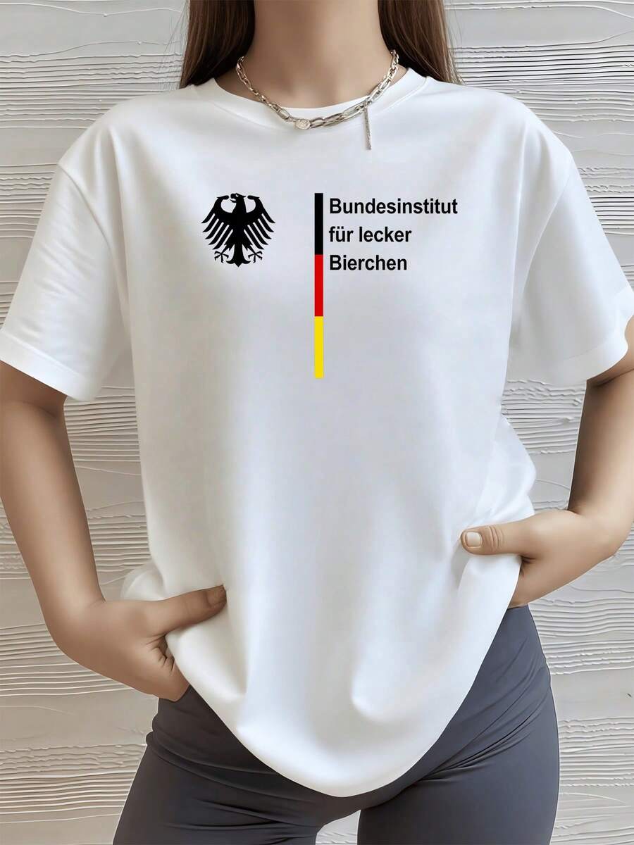 Símbolo del águila bicéfala acompañado de texto en alemán que expresa orgullo nacional y humor con los colores de la bandera representando fuerza y alegría camiseta de mujer casual moderna ideal para uso diario - Blanco - Ver 1