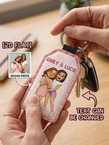 Llavero de cuero plano trapezoidal 2D, regalo para mejor amiga, adecuado para amigas, grabado personalizado con foto, colgante para bolso y billetera - Como se muestra - View 3