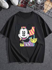 Gráfico divertido que muestra un rostro sonriente de ratón con colores vibrantes y formas geométricas que transmiten energía juvenil y optimismo ideal para looks casuales camiseta de mujer  suave y cómoda para uso diario - Negro - Ver 3