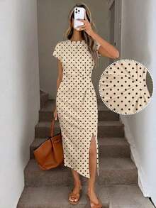 Vestido midi casual de mujer con estampado de lunares, cintura retorcida y abertura alta sin mangas; Vestido ajustado texturizado casual de mujer; Conjunto de fitness de mujer; Vestido de invitada de boda de mujer; Atuendo de oficina de mujer - Multicolor 10 - Ver 6