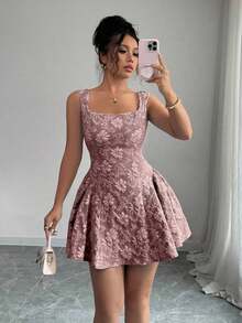 Vestido mini azul de mujer con cuello ancho, sin mangas, cintura recogida y textura de jacquard, elegante y romántico para graduación, baile de graduación, fiesta, festival de música, vacaciones - Rosa vieja - Ver 5