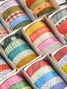 5 Rolls Washi Tape Set, Geometric Striped Grid Pattern Decorative Masking Tape For Scrapbooking Journaling, Bullet Journal Planner Decoration, DIY Craft Stationery Supplies, Decorative Adhesive Art Tape - Sets - View 12