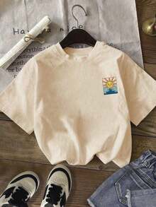 Camiseta de manga corta de cuello redondo casual con estampado gráfico deótem vintage de art, top de mujer versátil y de moda - Blanco - Ver 4