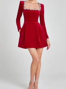 Vestido corto terciopelo primavera mujer cuello cuadrado con brillos elegante y moderno - Rojo - Ver 8