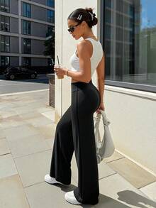 Women's Straight Yoga Pant Butt Lifting Wide Leg Yoga Pants High Waist Tummy Control No Front Seam Straight Leg Workout Gym Bottoms - Đen/Đỏ - Xem 5