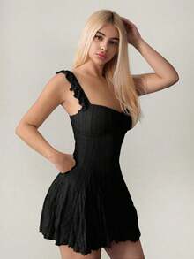 Vestido mini de línea A con parches de encaje, color albaricoque, para verano - Negro - Ver 5