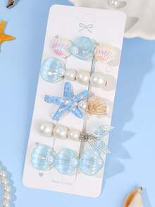 5 piezas Clips de pelo con tema oceánico, Clips de pelo con forma de concha de sirena y estrella de mar, Accesorios de moda para el cabello para niñas, Adecuado para vacaciones en la playa, uso diario, artículos esenciales para vacaciones - Multicolor - Ver 6