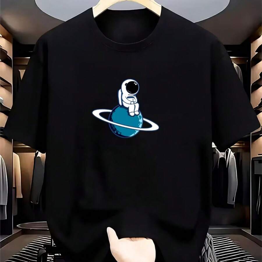 Camiseta estampada, tejida en algodón puro, con diseño de cuello redondo, estilo unisex, camisa creativa y moderna, ideal para primavera y otoño, holgada y cómoda para hombres y mujeres. - Negro - Ver 1