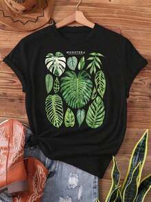 disfraz halloween hombreCamiseta de mujer con estampado de hojas tropicales de monstera y filodendro - Top de manga corta semitransparente de color gris oscuro con cuello redondo para verano y primavera, camiseta casual con estampado botánico para amantes de las plantas. Camiseta de hombre Twilight Y2k. - Negro - Ver 1