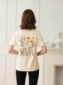 Camiseta de manga corta con cuello redondo, holgada y versátil, de estilo casual y vacacional, con un diseño sencillo y lindo para mujer, una prenda de moda para el día a día, adecuada para usar en vacaciones. Nueva Colección de Verano para Mujer, Estampado Floral a la Moda para Uso Diario. Adecuado para el Día de San Valentín, la temporada de regreso a clases, el Día del Maestro y otras festividades. Camiseta de manga corta con estampado de letras, suave, holgada y cómoda, ropa de calle de alta gama, estilo casual versátil, camiseta de manga corta holgada unisex de estilo vintage, camiseta de algodón de manga corta con cuello redondo, blusas para mujer. blusas.blusas casuales para dama. - Albaricoque - Ver 2
