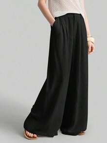 Ontre 2026SS New Women's Wide Leg Trousers, Casual Loose Pants With Pleated Waist, Suitable For Bohemian Style, Ibiza, Holidays, Festivals, Wedding Guests, Office, Teachers, Back To School, With Pockets, Relaxed Fit, Stylish Urban Chic Style, Versatile Women's Trousers For Spring/Summer - 黑色 - 查看 12