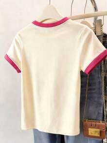 Camiseta casual de mujer con rayas laterales de color contrastante, estilo universitario para uso diario de manga corta, top deportivo de verano minimalista de patchwork retro a rayas - Multicolor - Ver 2