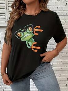 Plus Size Casual T-Shirt With Round Neck And Print - 黑色 - 查看 1