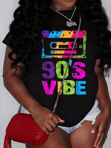 1 Piece Women's Plus Size T-Shirt Vintage 90s Style, For Costume Party, Casual, Oversized, 220g, With Fun Graphics, Short Sleeve, 1 Piece, Novelty T-Shirt With Round Neck, 100% Cotton 180g - 黑色 - 查看 1
