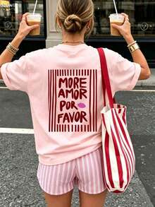 1 Women's Summer T-Shirt, Loose Fit, Round Neck, Short Sleeve, Striped Print With The Phrase "MORE LOVE PLEASE", Suitable For Parties, Holidays, Office, Daily Wear, Dates, Meetings, Streetwear, A Casual Summer Basic. - 糖果粉紅色 - 查看 2