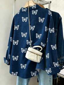 Camisa de mujer con efecto de mezclilla y estampado de mariposa retro - Multicolor - Ver 2