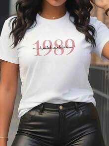Women's Casual T-Shirt, Limited Edition 1989, Vintage Style - Retro Crew Neck, High Elasticity, Suitable For All Seasons, Machine Washable, Stylish Year-Round Basic, Birthday Gift And Commemorative Garment For Casual Outfits, 100% Cotton, Durable - 白色 - 查看 1