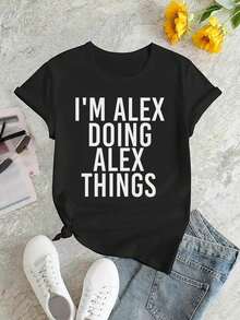 Size - Women's Casual T-Shirt With I'DOING THINGS Slogan Print - Black With White Letters, Short Sleeve, Round Neck, Lightweight And Breathable Fabric, Relaxed Fit For Spring And Summer, Casual Wear, Women's T-Shirts, Summer Fashion, Bold Letter T-Shirt, Comfortable Fit T-Shirt - 黑色 - 查看 2