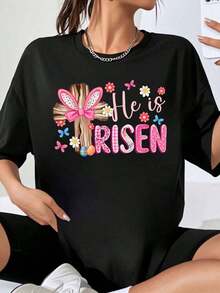 Women's Short Sleeve T-Shirt With Rabbit And Easter Cross Design "He Has Risen" Religious Christian Spring Festival Cute Floral Design Easter Outfit For Women Summer T-Shirt. - 黑色 - 查看 7