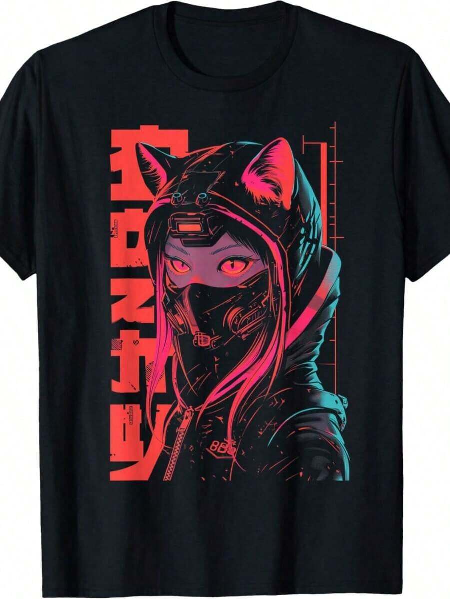 Cyberpunk Anime Graphic T-Shirt With Furry Ears Design - Neon Geometric Techwear Harajuku Style, Black Streetwear Casual Wear, Machine Washable, All Seasons Clothing| Futuristic Fashion| Comfortable Fit - 黑色 - 查看 1