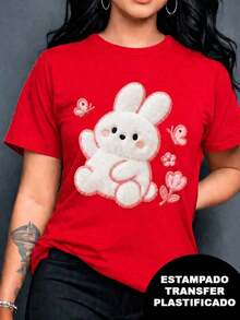 Soft Printed T-Shirt With A Rabbit Design, Plush Effect And Embroidery But It's A Print, Colorful, Modern, Casual T-Shirt, Round Neck, Short Sleeves, Ideal For Everyday Wear, Loose Fit, Fashionable, For Daily Use, Elegant Blouses For Women - 紅色 - 查看 7