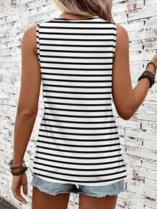 Camiseta de tirantes holgada de verano para mujer, estampado de patrón de correa de mezclilla, elegante y versátil, apta para uso casual, vacaciones y paseos, con un estilo minimalista y retro - Multicolor 16 - Ver 4