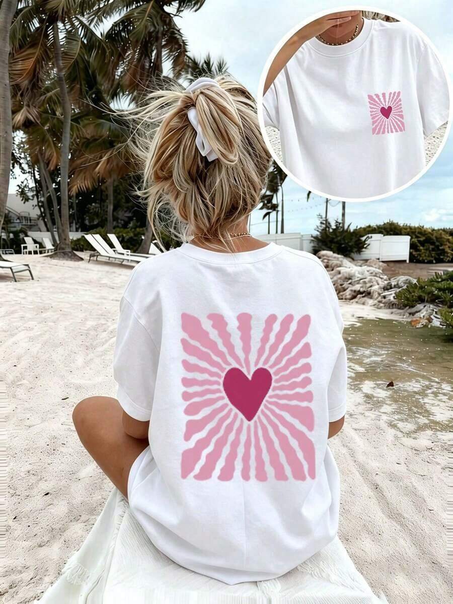 Camiseta de manga corta con cuello redondo y estampado de corazones y rayas.Camiseta de manga corta con cuello redondo, estilo casual y minimalista para mujer, con un diseño lindo, corte holgado, ideal para uso diario y vacaciones.Verano - Blanco - Ver 1