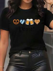 Casual Short-Sleeved Polyester T-Shirt With Floral Deer Antler Design, Durable And Comfortable For Home And Living Room Use, Soft Fabric Material, Ideal For Casual Wear And Daily Activities, Stylish And Lightweight Blouse For Women. - 黑色 - 查看 1