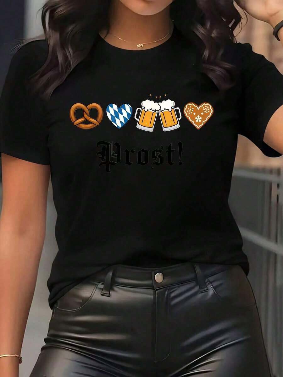 Casual Short-Sleeved Polyester T-Shirt With Floral Deer Antler Design, Durable And Comfortable For Home And Living Room Use, Soft Fabric Material, Ideal For Casual Wear And Daily Activities, Stylish And Lightweight Blouse For Women. - 黑色 - 查看 1