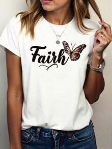 Women's T-Shirt With Butterfly Print And Religious Writing, For Religious Events And Casual Daily Wear, Soft And Elegant Style, Short Sleeve, Casual Women's T-Shirt, Standard Size, Basic T-Shirt - 白色 - 查看 7