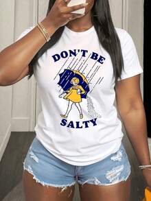 Camiseta de manga corta con cuello redondo y corte holgado 100% algodón para mujer, top informal de uso diario en verano. Camiseta informal de algodón con cuello redondo y manga corta con estampado "Don't Be Salty", corte regular. Camiseta de algodón puro, cuello redondo y manga corta, de corte holgado, transpirable, suave y casual. - Blanco - Ver 1