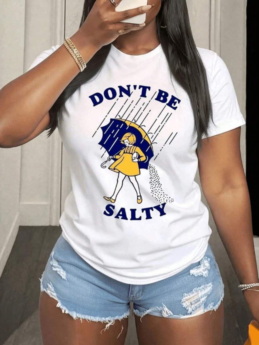 Camiseta de manga corta con cuello redondo y corte holgado 100% algodón para mujer, top informal de uso diario en verano. Camiseta informal de algodón con cuello redondo y manga corta con estampado "Don't Be Salty", corte regular. Camiseta de algodón puro, cuello redondo y manga corta, de corte holgado, transpirable, suave y casual. - Blanco - Ver 1